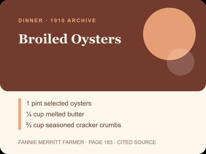 Broiled Oysters archival citation card