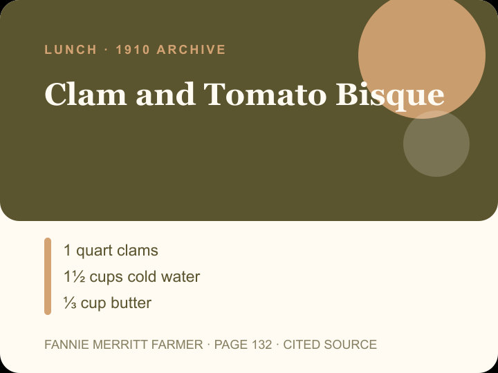 Clam and Tomato Bisque archival citation card