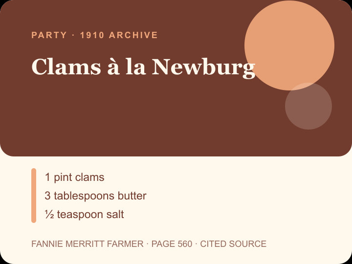 Clams à la Newburg archival citation card