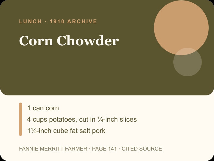 Corn Chowder archival citation card