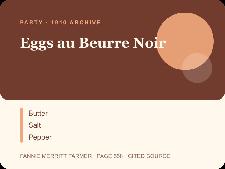 Eggs au Beurre Noir archival citation card