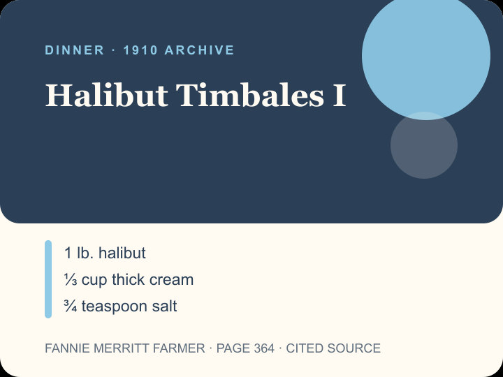 Halibut Timbales I archival citation card