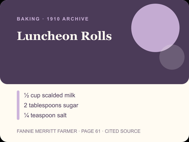 Luncheon Rolls archival citation card