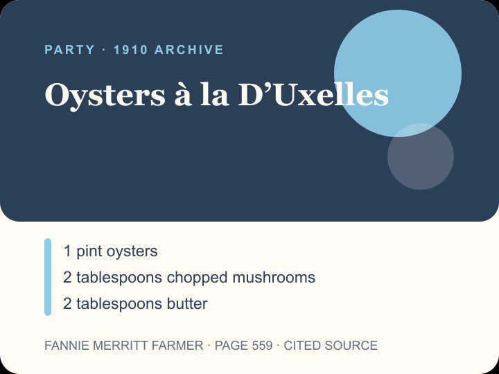 Oysters à la D’Uxelles archival citation card