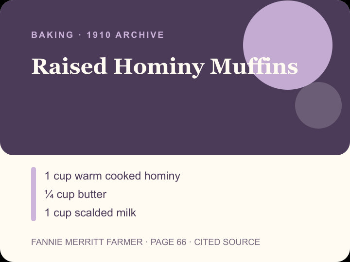 Raised Hominy Muffins archival citation card