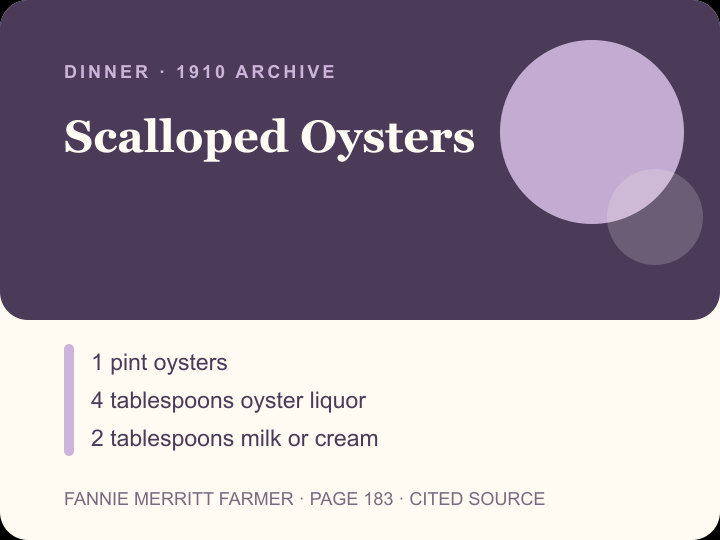 Scalloped Oysters archival citation card