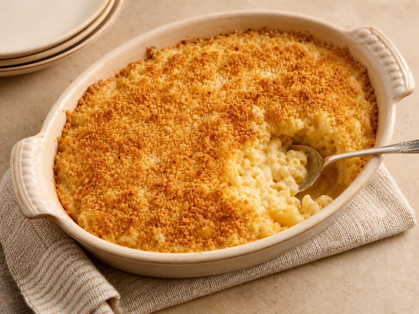 Breadcrumb-Topped Baked Macaroni & Cheese, an original illustrative image based on the cited recipe