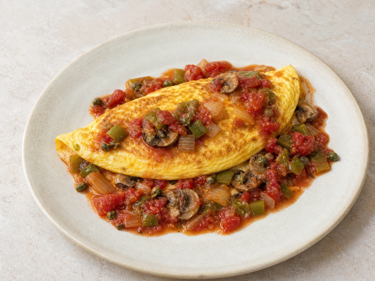 1910 Spanish Omelet with Tomato-Caper Sauce, an original illustrative image based on the cited recipe