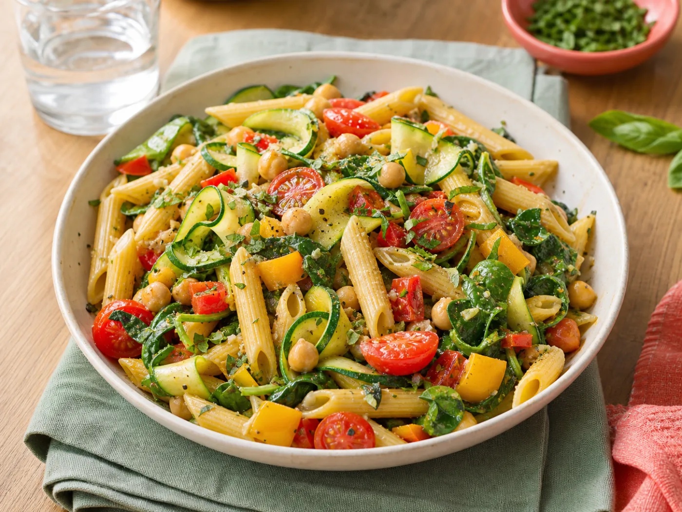 Balsamic Rosemary Family Table Chickpea Pasta Primavera with Fresh Tomato Relish, an original WorkLife Meal Plan recipe
