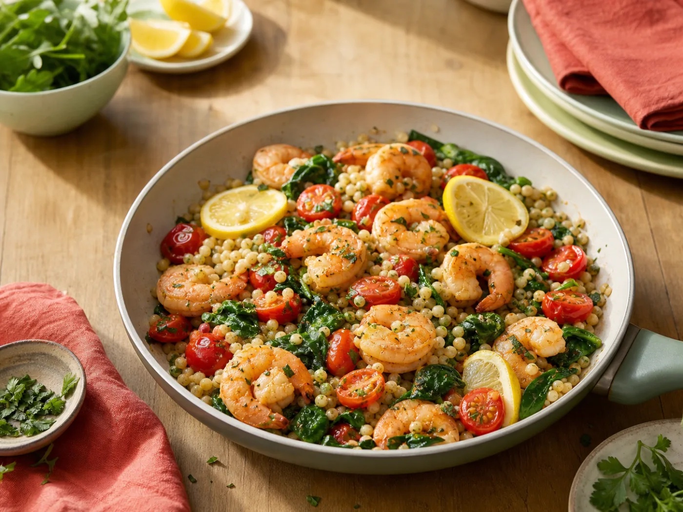 Lemon Herb Weeknight Shrimp Couscous Skillet with Toasted Pepitas, an original WorkLife Meal Plan recipe