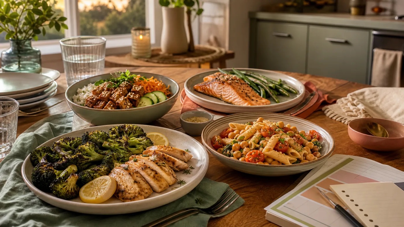 Four colorful, healthy WorkLife Meal Plan dinners on a warm family table